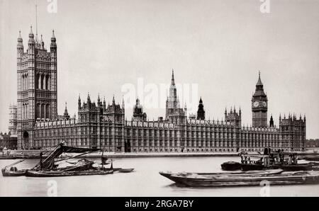 Vintage 19th century photograph: House of Parliament, Westminster London, across the River Thames Stock Photo