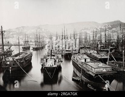 Vintage 19th century photograph: Ships in the port of Genoa Genova italy Stock Photo