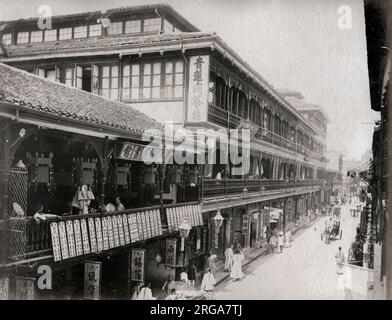 Vintage 19th century photograph: Facade of row of shops in the Chinese Quarter, Shanghai, China Stock Photo
