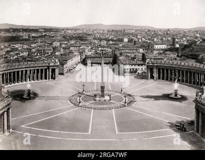 Statue and fountains in the middle of St Peter's Square, the Vatican, Rome, Italy. Vintage 19th century photograph. Stock Photo