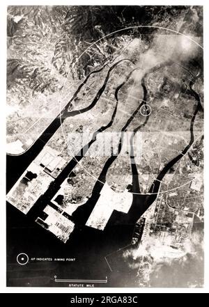 Aerial view of the city of Hiroshima, Japan, with the aiming point of the atomic bomb 1945, World War II Stock Photo
