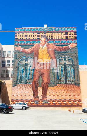 wall painting street art downtown Los angeles mexican actor  Anthony Quinn, Victor clothing dancing from the movie Pope of Broadway artist Eloy Torrez Stock Photo