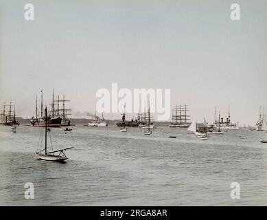 Steam and sailing ships in the harbour, yokohama, Japan. Vintage 19th century photograph. Stock Photo