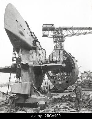 World War II vintage photograph - Deshimag shipyard and submarine after capture, Germany 1945 Stock Photo