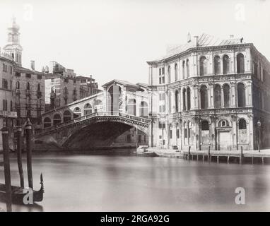 Vintage 19th century photograph - Rialto Bridge, Venice, Italy, viewed from the canal Stock Photo