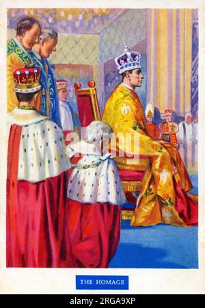 The Coronation of King George VI - Westminster Abbey, London, on 12 May 1937. As a fitting conclusion to the crowning, all the Princes and Peers do homage publicly to His Majesty. The Spirituality, led by the Archbishop, takes precedence over all others. Stock Photo