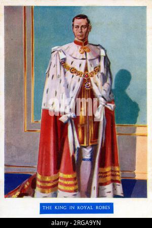The Coronation of King George VI - Westminster Abbey, London, on 12 May 1937. The King arrayed in the Crimson Robes worn during the eraly part of the coronation ceremonies. Stock Photo