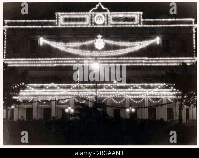 The Bourse (Stock Exchange) at Alexandria, Egypt, illuminated to celebrate the anniversary of Fuad I's ascension as Sultan Of Egypt in 1917. Stock Photo