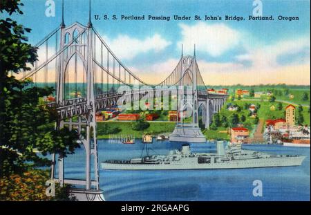 Portland, Oregon, USA - USS Portland passing beneath St. John's Bridge. Stock Photo