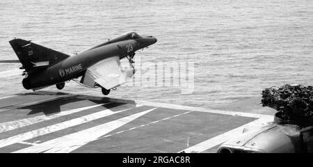 Aeronavale - Dassault-Breguet Super etendard '23' launches from the catapult, aboard 'Foch' or 'Clemenceau', during an operational cruise. (Note: Foch and'Clemenceau' were two almost identical ships, to which the French Navy did not apply distinctive markings, making identification very difficult). Stock Photo