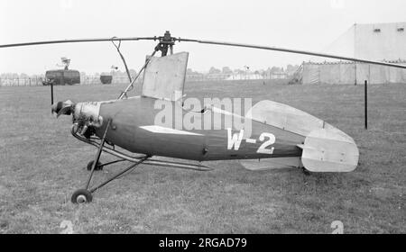 Weir W-2 , at RAF Hendon on 19 July 1951. G. & J. Weir of Cathcart in Glasgow were an established engineering company, founded in 1871, which built aircraft during the First World War. The company then became involved in rotorcraft, initially carrying out experiments on their own account and subsequently becoming the backers of the Cierva Autogiro Co. Ltd. The single-seat W-2 experimental autogyro was an improved W-1, and first flew during March 1934 from Abbotsinch. It was powered by a Weir O-92 Dryad II flat two-cylinder, horizontally-opposed, air-cooled engine, developed from the Dryad moto Stock Photo