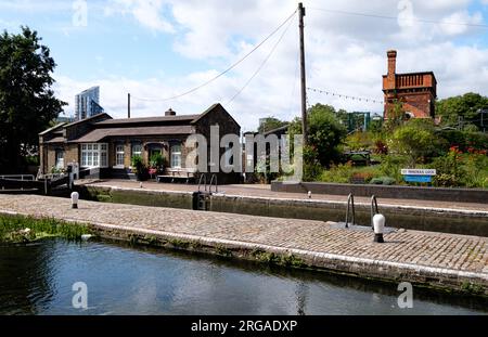 St Pancras Lock and the Victorian Water Tower on the Regent's Canal, London Stock Photo