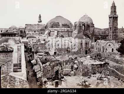 Photograph by Francis Frith, from his trip to Egypt, Palestine and the wider Holy lands in 1857 - street view with the church of the Holy Sepulchre, Jerusalem. Stock Photo