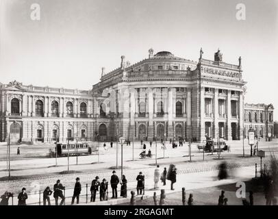 19th century vintage photograph: The Burgtheater, originally known as K.K. Theater an der Burg, then until 1918 as the K.K. Hofburgtheater, is the national theater of Austria in Vienna. Stock Photo