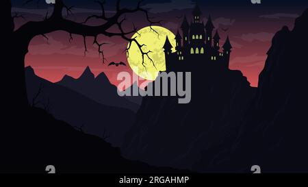 Castle on top of cliff. Halloween background. Night landscape. EPS10 Stock Vector