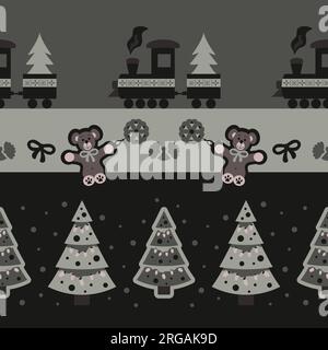Seamless Pattern. Little Christmas train carrying the Christmas tree. Cute cuddly bear. Christmas tree and angel. Dark gray and Almond Green color. Ve Stock Vector