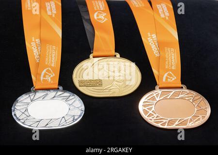 Budapest. 8th Aug, 2023. Medals of World Athletics Championships Budapest 23 are presented on a press conference at the National Athletics Centre in Budapest, Hungary on Aug. 8, 2023. Credit: Attila Volgyi/Xinhua/Alamy Live News Stock Photo