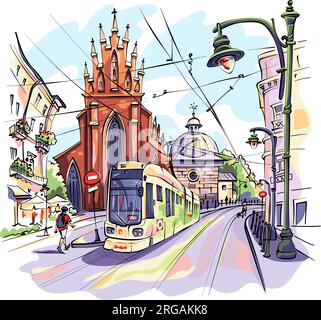 Vector color sketch of tram near Holy Trinity Church, Krakow, Poland Stock Vector
