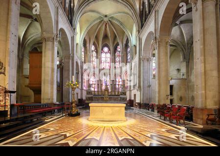 Interior view from the chancel of the Romanesque St-Jean Cathedral, Saint John&#39;s Church, Besançon, Doubs, France Stock Photo