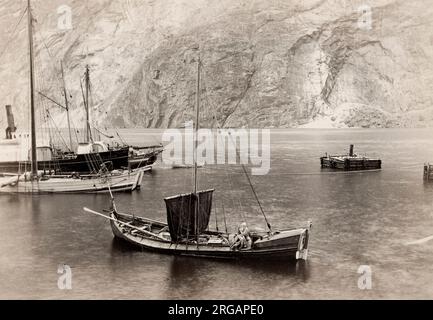 Vintage 19th century photograph: Sogn, Norway, fishing boats. Axel Lindahl studio. Stock Photo