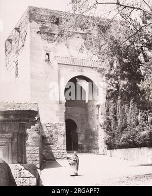 Vintage 19th century photograph: The Gate of Justice Puerta de la Justicia, Alhambra Palace, Granada, Spain. Stock Photo