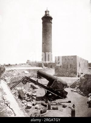 Lighthouse and cannon, after the bombardment, Alexandria, Egypt, 1882 Stock Photo