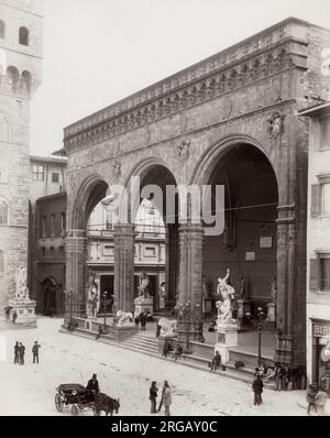 19th century vintage photograph - Florence, Firenze, Italy. The Loggia dei Lanzi, also called the Loggia della Signoria, is a building on a corner of the Piazza della Signoria in Florence, Italy, adjoining the Uffizi Gallery. Stock Photo