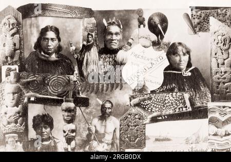 Vintage 19th century photograph: composite images of Maori people, from a tourist souvenir album. Stock Photo