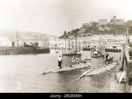 Vintage early 20th century photograph: Torquay harbour, early submarines. Stock Photo
