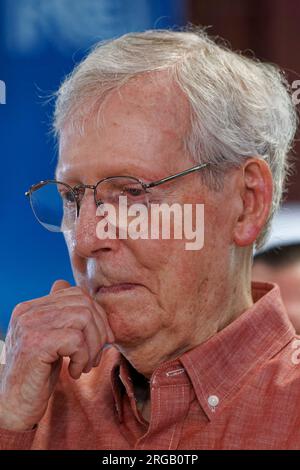 Senate Majority Leader Mitch McConnell, 81, reflects while sitting on stage at the 143rd St. Jerome Fancy Farm Picnic on Saturday, Aug. 5, 2023 in Fancy Farm, Graves County, KY, USA. McConnell's trip to Western Kentucky for the state's annual premier political event was one of his first public appearances since freezing mid-sentence while speaking during a news conference in Washington on July 26, an event which has fueled speculation about the health and wellbeing of Kentucky's senior senator and longest-serving party leader in United States history. (Apex MediaWire Photo by Billy Suratt) Stock Photo