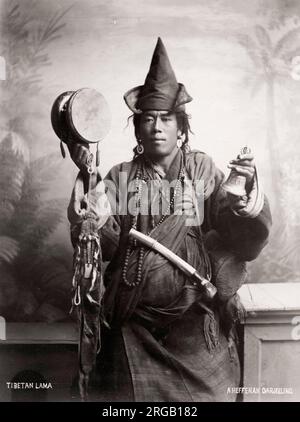 Vintage 19th century photograph: Tibetan Lama, photographed in northern India. Lama is a title for a teacher of the Dharma in Tibetan Buddhism. Stock Photo