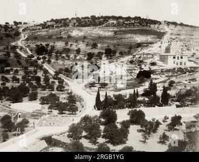 19th century vintage photograph: The Mount of Olives or Mount Olivet is a mountain ridge east of and adjacent to Jerusalem's Old City. Stock Photo