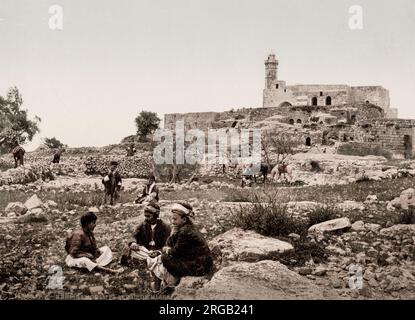 Vintage 19th century photograph: The Tomb of Samuel, commonly known as Nebi Samuel or Nebi Samwil, is the traditional burial site of the biblical Hebrew and Islamic prophet Samuel, atop a steep hill at an elevation of 908 meters above sea level. Holy Land, historically Palestine. Stock Photo