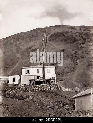 19th century vintage photograph: terminus for funicular railway up the slopes of Mount Vesuvius, volcano, Naples Italy. Stock Photo