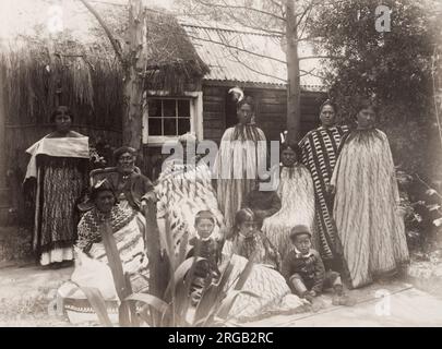 19th century vintage photograph: Maori group,  New Zealand, c.1890. Stock Photo