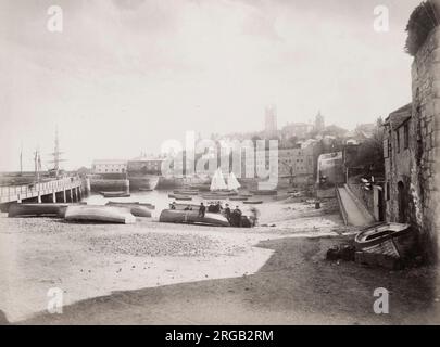 Vintage 19th century photograph: boats and waterfront at Penzance, Cornwall. Stock Photo