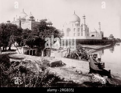 Vintage 19th century photograph: Taj Mahal from the River, Agra, India. Stock Photo