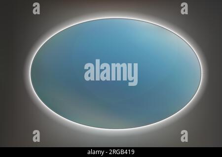 Oval bathroom mirror with white LED backlit on a dark background. Trendy interior design object without reflection. Modern backlight Stock Vector