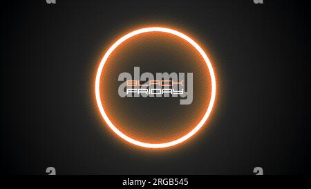 Black Friday Sale Glow Ring Banner. Dark finely patterned texture background futuristic text lettering, bright glowing neon round frame. Web site post Stock Vector