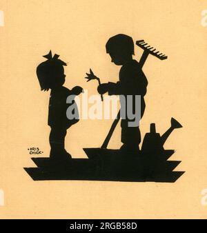 Original Artwork - Cut-out silhouette of a boy gardener giving a flower to a little girl Stock Photo