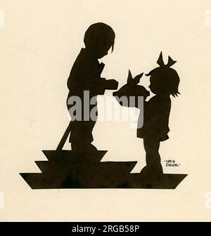 Original Artwork - Cut-out silhouette of a little girl presenting a pie to a young boy Stock Photo