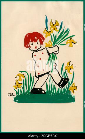 Original Artwork - Easter postcard design for children - A young girl picking a bunch of Easter daffodils.  (6 of 6) Stock Photo