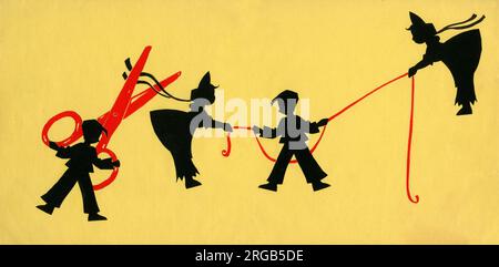 Original Artwork - Cut-out silhouette illustration for an original book by Iris Chick called The Gummys - measuring out ribbon and cutting it with big red scissors. Stock Photo