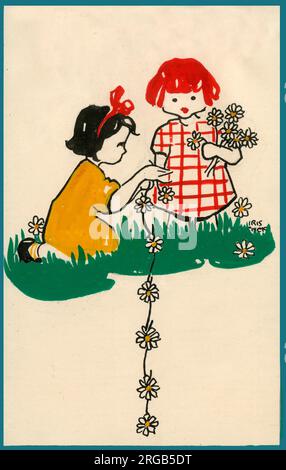 Original Artwork - Easter postcard design for children - Two girls making daisy chains.  (3 of 6) Stock Photo