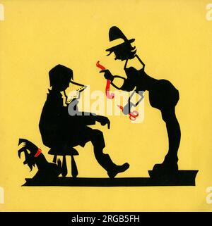 Original Artwork - Cut-out silhouette illustration for an original book by Iris Chick called The Gummys - Mr Gummy repairing a boy's leg with red ribbon. Stock Photo