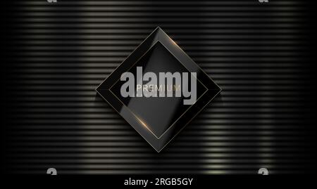 Black shiny metal horizontal straight line background with vector rhombus glossy luxury black and golden edge line logo frame. Dark enamel texture, te Stock Vector