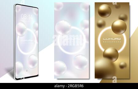 Luxury Flying Jewelry Pearl and Gold Sphere White Glow Ring Frame Smartphone Wallpapers Set with glassmorphism element. Vector smartphone screenlock Stock Vector