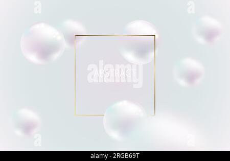 Flying white natural pearl sphere with highlight reflection, blur on light pearly background. Luxury jewelry pearl with thin gold frame. Vector abstra Stock Vector