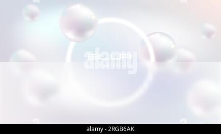 Flying white natural pearl sphere, blur on light pearly background with white glow ring frame. Vector abstract delicate background with frosted glass Stock Vector