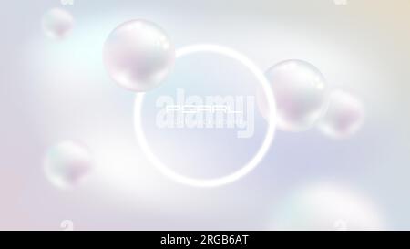 Flying white natural pearl sphere, blur on light pearly background. Luxury jewelry pearl with white glow ring frame. Vector abstract delicate backgrou Stock Vector